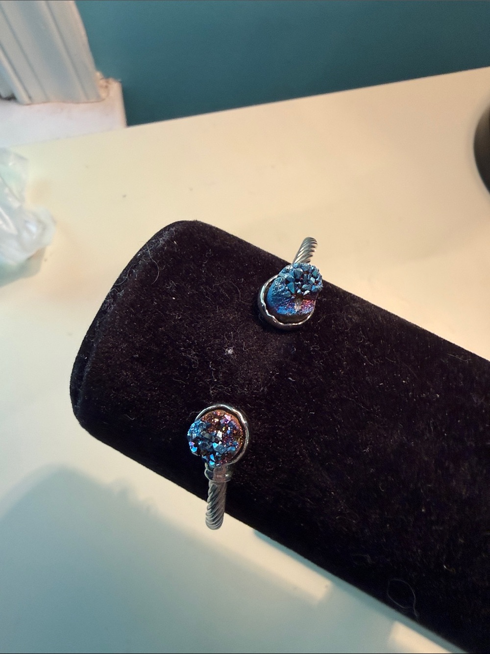 Druzy Stone Cable Cuff Bracelet in Iridescent Blue